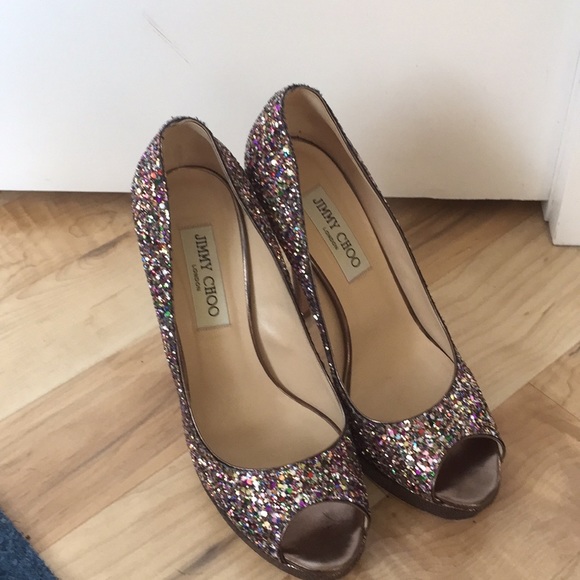 Jimmy Choo glitter,platform peep toe pumps.Classic - Picture 3 of 8